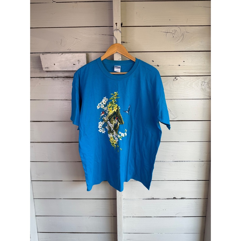 Gildan Heavy Cotton Blue Birdhouse Floral Graphic T-Shirt  XL Bluebirds Tee